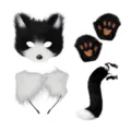 Black and white plush cat mask ear headband paws tail costume set for cosplay party. - Set 5