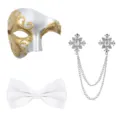 Maskenball Maske Fliege Brosche Set für Herren Party Anzug Kostüm Zubehör Abschlussball. - Silbernes 3-Teiliges Set