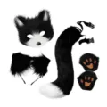 Black and white plush cat fox cosplay set including mask, tail, ears headband, and cute paws. - Set 6