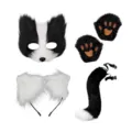 Black and white furry animal costume set including mask, ears headband, paws, and tail. - Set 8