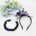 Halloween schwarzer Spinnennetz Haarreif und Spitzen Halskette Set mit lila Rose fur Party. - Lila