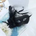 Black Venetian masquerade mask, sexy mesh lace eye mask with feathers for party. - Feather Mesh Mask (Black) / Black