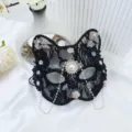 Black lace cat mask with pearls and rhinestones, perfect for Halloween party cosplay. - Black Catwoman Mask