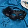 Black feather masquerade mask with rhinestones, elegant half face mask for party wear - White Rhinestone Style