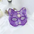 Purple lace cat mask with rhinestones and pearls for masquerade Halloween party cosplay costume. - Purple Catwoman Mask