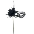 Masque de bal en dentelle noire avec plume et fleur sur bâton pour fête style Halloween. - Masque à main avec fleur latérale - Noir