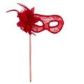 Masque de bal en dentelle rouge avec plume et fleur, beau bâton pour fête costumée. - Masque portatif avec fleur latérale - rouge