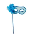 Masque de bal masque tenu a la main bleu avec fleur en gaze pailletee et dentelle de fete - Masque à main avec fleur latérale - Bleu