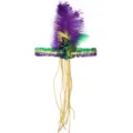 Diadema de Mardi Gras festiva con plumas moradas, cuentas doradas y flor de lis. - Flecha de plumas y cuentas estilo B