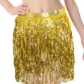Gold sequin belly dance hip scarf fringe skirt 4 layers sparkly coin belt for festival party. - One Size / Bottoms / Gold