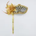 Handheld Masquerade Mask Gold Feather Lace Venetian Party Eye Mask Costume Prop. - Handheld Stick Side Flower Dragon Pattern - Black Gold