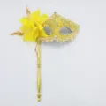 Yellow handheld masquerade mask with feathers rhinestones and gold handle for party carnival. - Handheld Stick Side Flower Dragon Pattern - Yellow