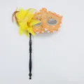Handheld masquerade mask with orange lace, yellow flower, feather and black stick for party. - Handheld Stick Side Flower Dragon Pattern - Orange
