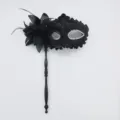 Elegant black lace masquerade mask with feathers and rhinestones for party carnival events. - Handheld Stick Side Flower Dragon Pattern - Black