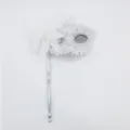 Handheld Masquerade Mask Silver Lace Rhinestones Party Costume Prop with White Flower - Handheld Stick Side Flower Dragon Pattern - White