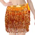 Orange sequin belly dance hip scarf fringe skirt 4 layers sparkling party costume variant - One Size / Bottoms / Orange