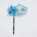 Blue lace handheld masquerade mask with sparkling sequins and elegant feather flower decoration. - Handheld Stick Side Flower Dragon Pattern - Blue