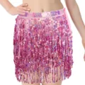 Pink sequin belly dance hip scarf fringe skirt 4 layers sparkling carnival party costume. - One Size / Bottoms / Pink Purple