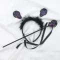 Set de diadema de plumas negras de Halloween y varita de lentejuelas para fiesta - Juego de Dos Piezas Estilo Cara de Fantasma / Juego de Diadema y Varita (Fantasma Negro y Morado)