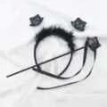 Conjunto de Halloween con diadema de gato negro y varita mágica con ojos de lentejuelas verdes - Juego de Dos Piezas Estilo Pequeño Demonio 1 / Juego de Diadema y Varita (Ojos de Gato de Lentejuelas Negras y Verdes)