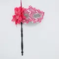 Pink lace masquerade mask with black handle and flower, perfect for parties and carnivals. - Handheld Stick Side Flower Dragon Pattern - Rose Red