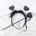 Diadema de plumas negras y varita de corazón para Halloween con cruz lila - Juego de Diadema y Varita (Corazón Negro con Cruz Morada)