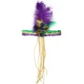Diadema de fiesta de Mardi Gras con plumas moradas, máscara y borlas doradas largas - Payaso de plumas y cuentas estilo A