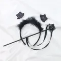 Diadema con orejas de gato negro de Halloween y varita de lentejuelas para fiesta elegante - Juego de Diadema y Varita (Orejas de Gato Negras con Detalles Morados)