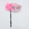 Pink lace masquerade mask with side flower and rhinestones, handheld party mask for women. - Handheld Stick Side Flower Dragon Pattern - Pink