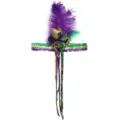 Mardi Gras Straußenfeder Stirnband mit Pailletten-Jester-Maske in Lila, Grün und Gold - Feder- und Paillettenclown Modell A