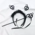 Diadema de plumas negras y varita de calavera con lentejuelas para Halloween - Juego de Diadema y Varita (Calavera de Lentejuelas con Sombrero Blanco)