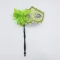 Green lace handheld masquerade mask with stick and floral side decoration for party. - Handheld Stick Side Flower Dragon Pattern - Fruit Green