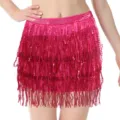 Pink sequin fringe hip scarf 4-layer belly dance skirt festival party carnival costume. - One Size / Bottoms / Rose Red