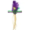 Diadema de plumas Mardi Gras con lentejuelas morado verde oro y flor de lis - Flechas grandes con plumas y cuentas