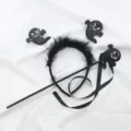 Set de diadema y varita de Halloween con fantasmas de lentejuelas y plumas negras. - Juego de Diadema y Varita (Pequeño Fantasma Negro Puro)