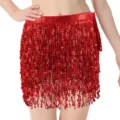 Red Sequin Belly Dance Hip Scarf 4-Layer Fringe Skirt for Carnival Party Performance - One Size / Bottoms / Red