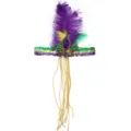Mardi Gras Straußenfeder-Stirnband mit Pailletten-Fleur-de-Lis und langen Goldquasten - Feder- und Perlenpfeil Modell A
