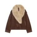 Detail view of women's brown suede jacket with cozy faux fur collar and elastic hem. - XS / Tops / Dark Brown