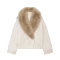 Women faux fur collar suede jacket detail view, chic winter outerwear with soft fleece. - XS / Tops / White