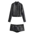 Women black faux leather military jacket and shorts matching set with silver metal buttons. - XS / Tops / Black
