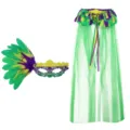 Mardi Gras party feather mask and green sheer cloak costume set for carnival celebration. - Feather Six-Petal Set