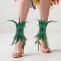 Green feather ankle cuffs, fluffy costume leg warmers for Halloween party and cosplay shoes. - Green