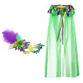 Mardi Gras party costume set with feather lace mask and green cape for masquerade events. - Fireworks Phoenix Set