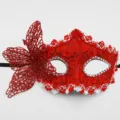 Red lace masquerade mask with side butterfly and sequins for party Halloween costume. - One Size / Dragon Red