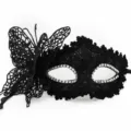 Black lace masquerade mask with 3D butterfly and rhinestones for Halloween party. - One Size / Dragon Black