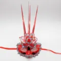 Red masquerade mask with flower decoration and silver lace trim for Halloween party - One Size / Red