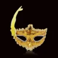 Gold sequin masquerade mask with yellow feather, perfect for party, Halloween and Christmas. - One Size / Gold