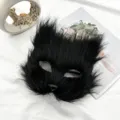 Flauschige schwarze Katzenmaske Plüsch Fell Halbgesicht Fuchsmaske für Halloween Party Kostüm - Katzenmaske / Schwarz