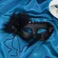 Black feather masquerade mask with rhinestones, elegant half-face party costume accessory. - Red Rhinestone Beaded