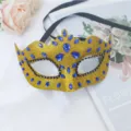 Elegante goldene Glitzer-Maskenball-Maske mit funkelnden blauen Strasssteinen für Damenpartys. - Strass Wellenmaske / Gold